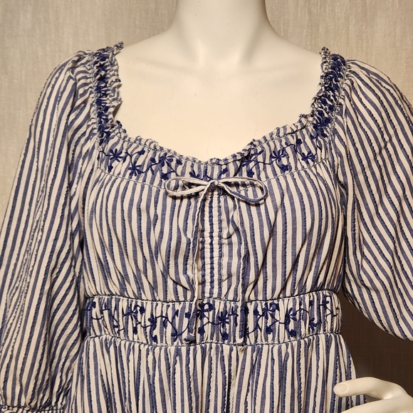 American Eagle Mini Dress Large Peasant Puff Sleeve Blue White Stripe Cinch - Picture 2 of 12